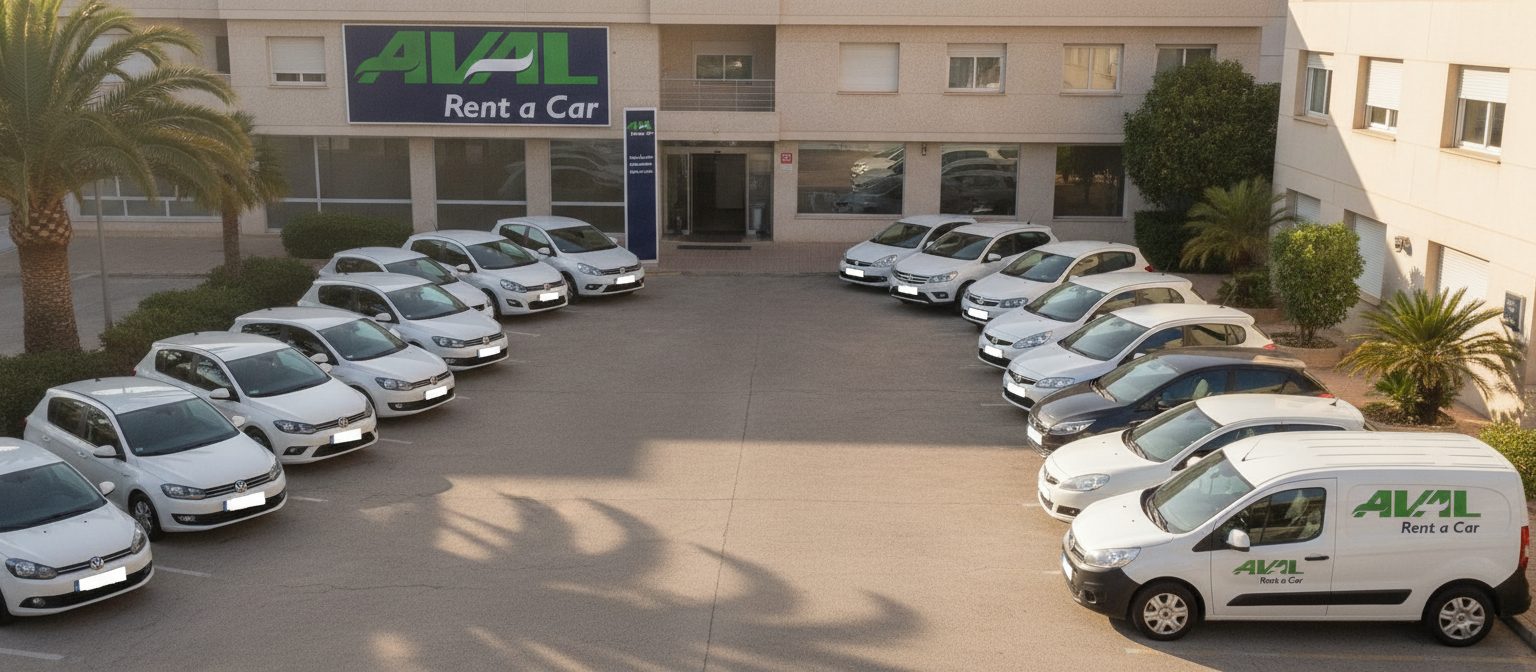 Varias categorías de coches de alquiler aparcados listos para ser reservados