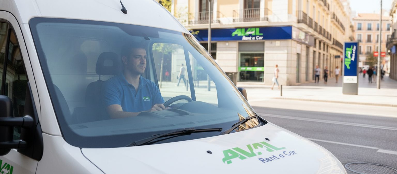Persona ajustando el retrovisor lateral de una furgoneta de alquiler blanca antes de iniciar la marcha