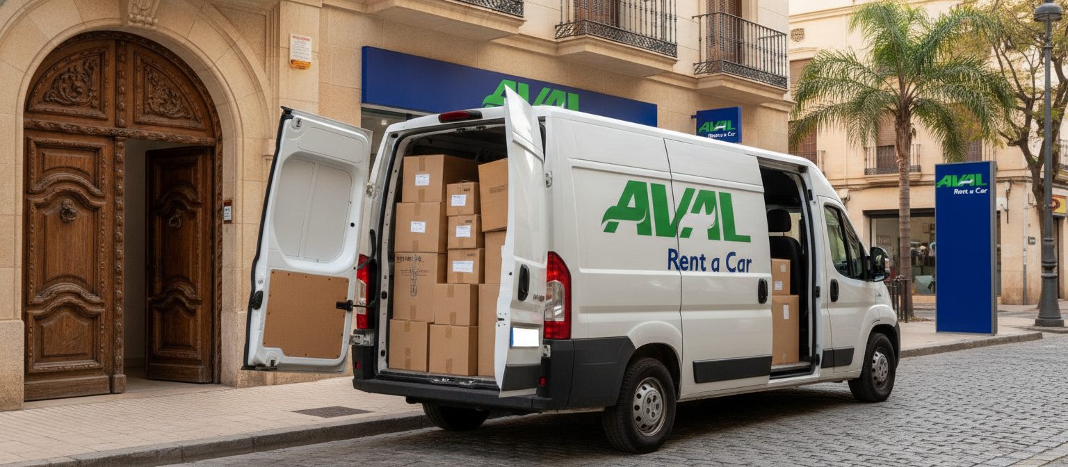 Persona organizando cajas de cartón en el compartimento de carga de una furgoneta blanca de mudanzas