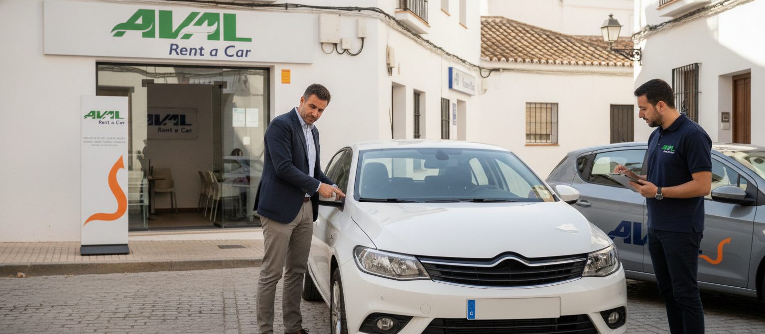 Contrato de alquiler de vehículo sobre un mostrador junto a unas llaves de coche